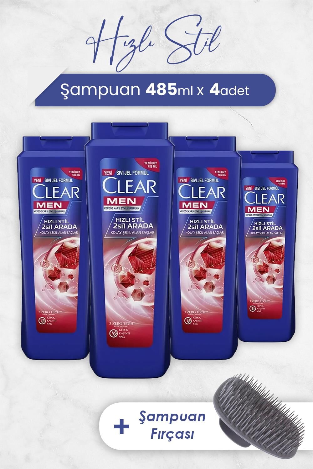 Clear Hızlı Stil 2'si 1 Arada Şampuan 485 ml x 4 Adet ve Şampuan Fırçası