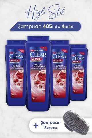 Clear Hızlı Stil 2'si 1 Arada Şampuan 485 ml x 4 Adet ve Şampuan Fırçası