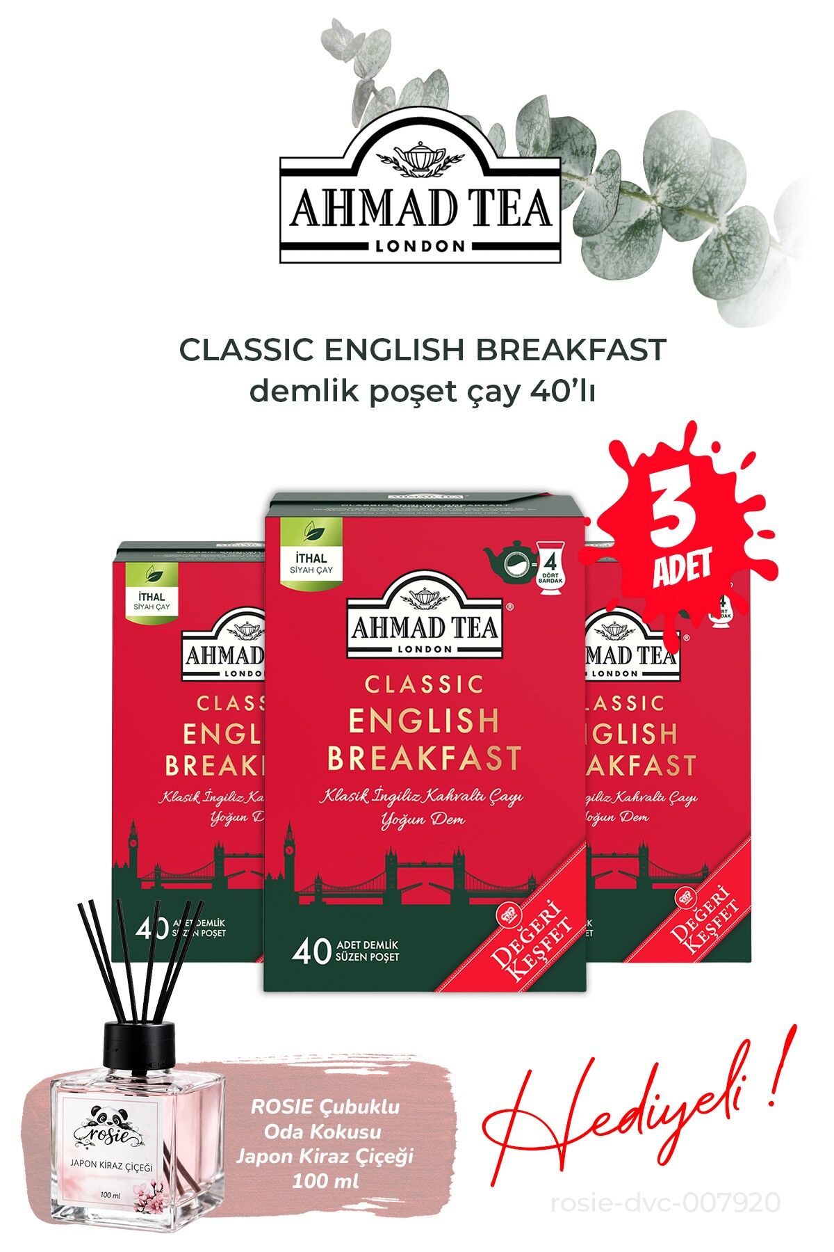 40'lı Klasik English Breakfast 3 paket Demlik Poşet Çay 80 g ve Oda Kokusu
