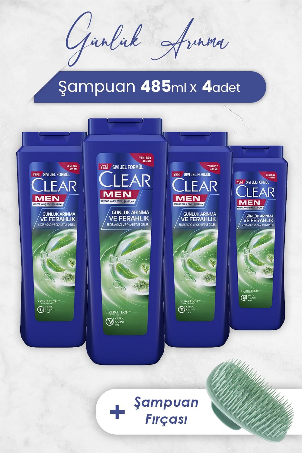 Clear Men Şampuan Günlük Arınma ve Ferahlık 485 ml x 4 Adet ve Şampuan Fırçası