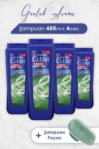 Clear Men Şampuan Günlük Arınma ve Ferahlık 485 ml x 4 Adet ve Şampuan Fırçası