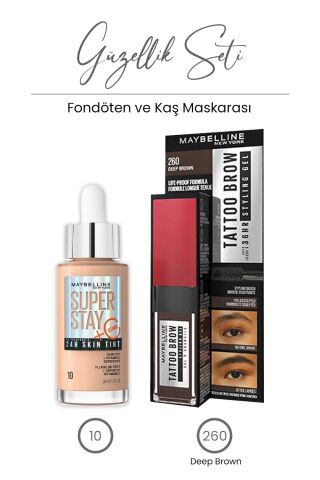 Maybelline Super Stay 24H Skin Tint Fondöten 30 ml - 10 ve Tattoo Brow Kaş Maskarası 260