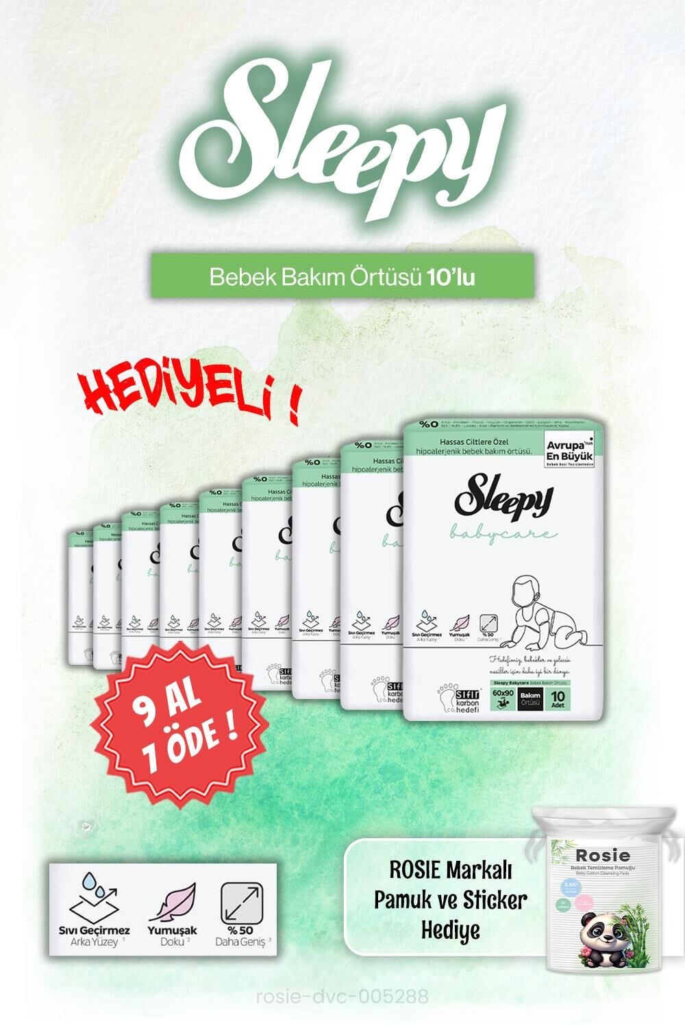 9 AL 8 ÖDE Sleepy 10'lu Babycare Bebek Bakım Örtüsü ve Rosie Pamuk Hediye