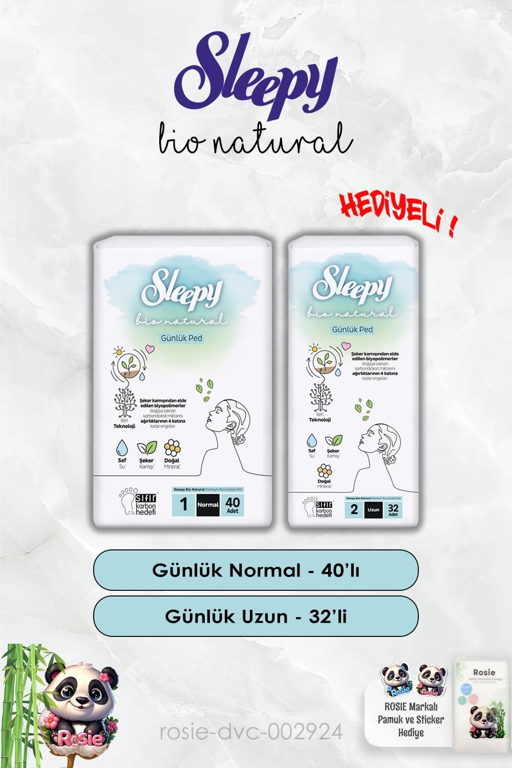 Günlük Ped Normal 40'lı ve Günlük Uzun 32'li Bio Natural Sleepy ve Rosie