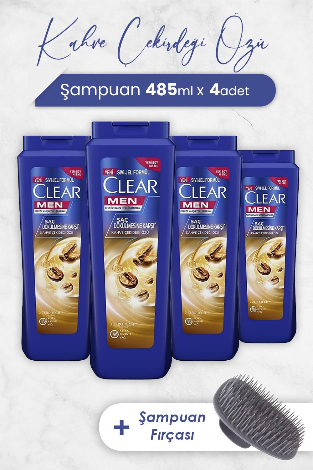 Clear Men Şampuan Saç Dökülmesine Karşı 485 ml x 4 Adet ve Şampuan Fırçası