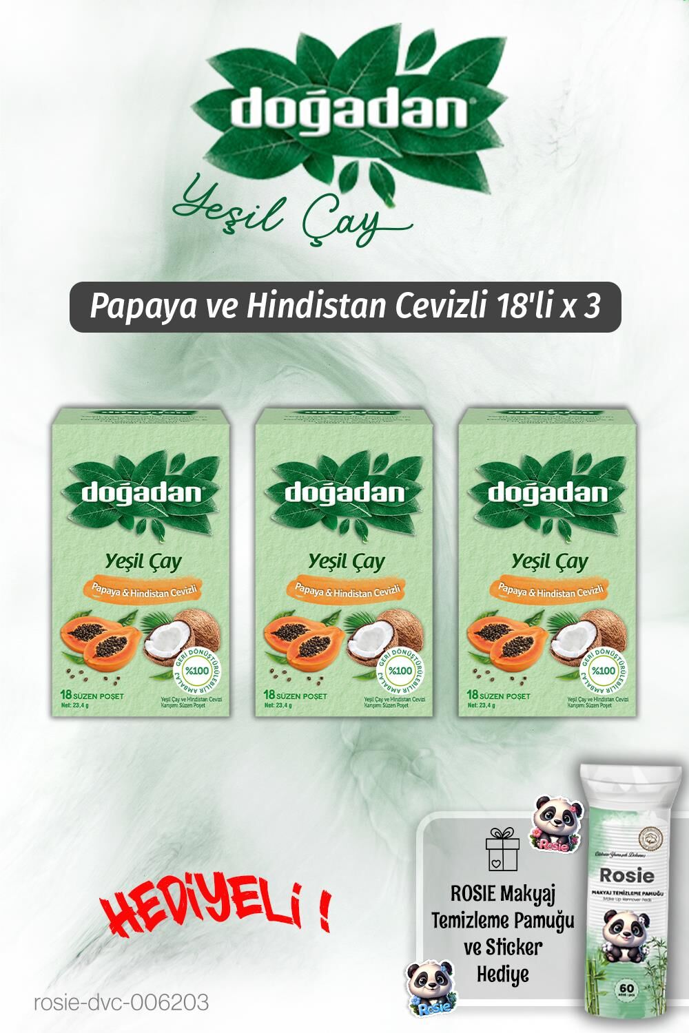 Doğadan Yeşil Çay 3'lü Papaya Hindistan Cevizli 18'li ve Rosie Pamuk