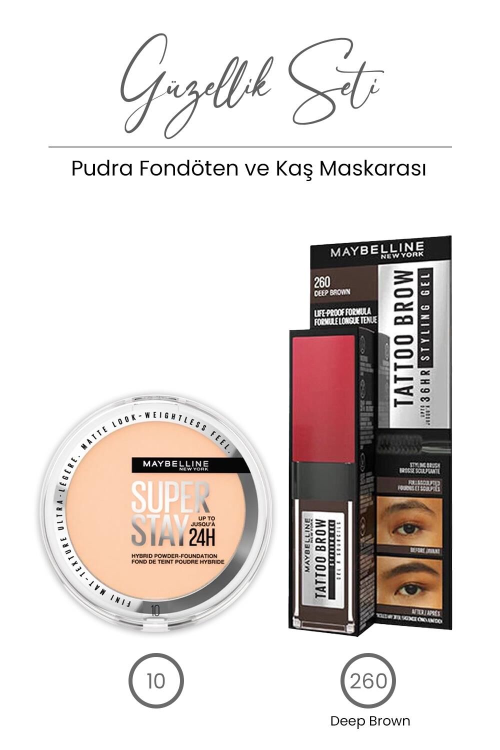 Maybelline New York Superstay Hibrit Pudra-Fondöten 10 ve Tattoo Brow 36H Kaş Maskarası 260