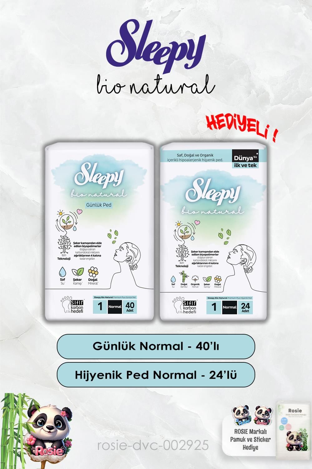 Günlük Ped Normal 40'lı ve Hijyenik Ped Normal 24'lü Bio Natural Sleepy ve Rosie