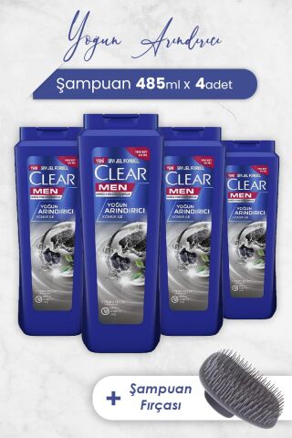 Clear Men Şampuan Yoğun Arındırıcı 485 ML x 4 Adet ve Şampuan Fırçası