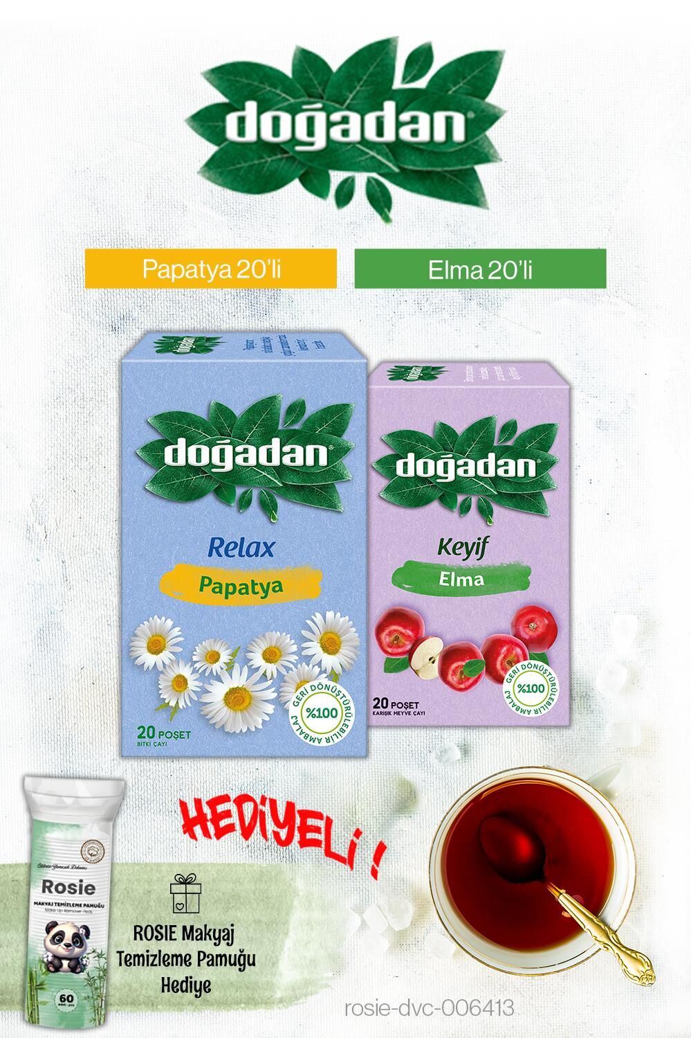 Doğadan Elma ve Papatya Poşet Çay ve Rosie Hediyeli