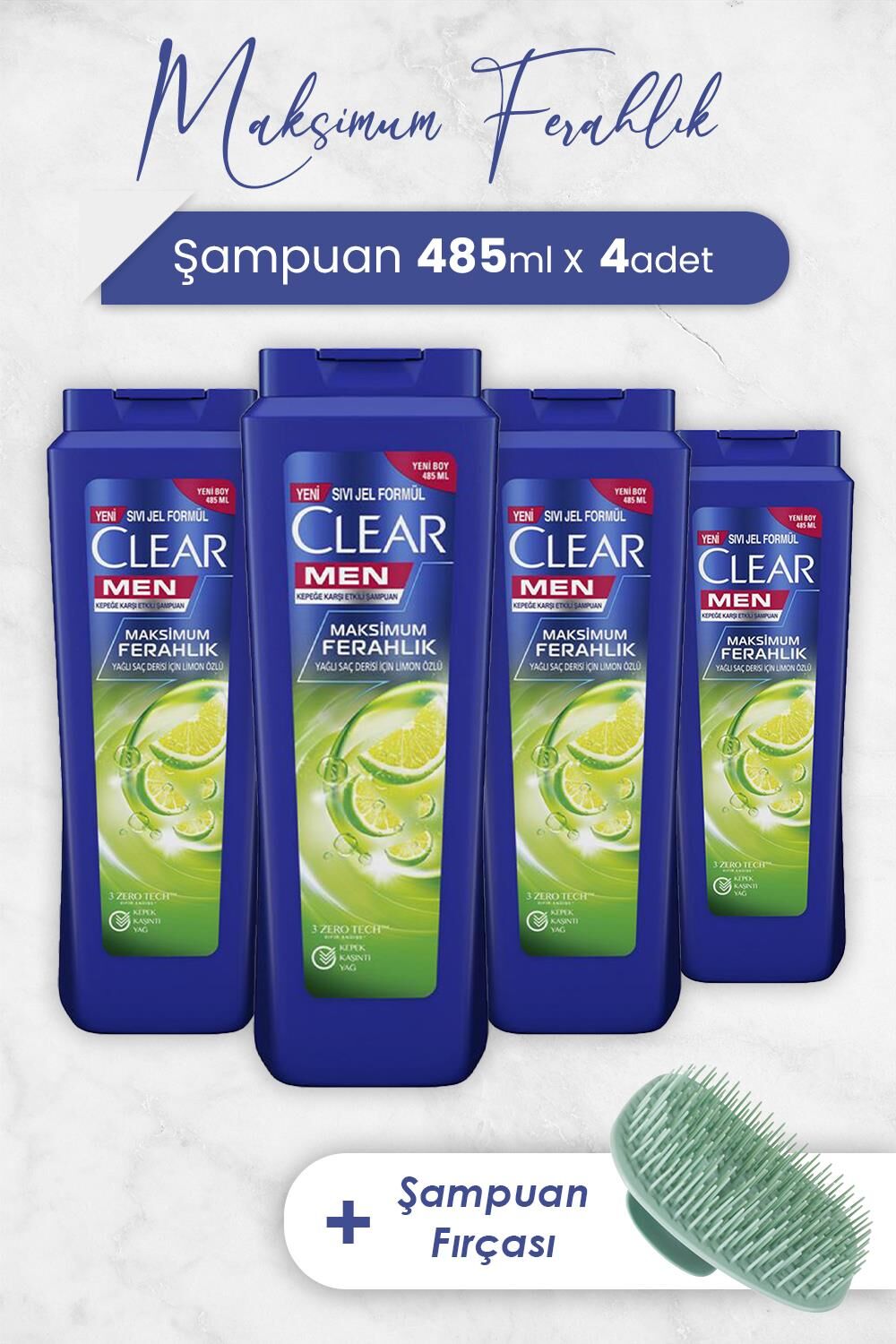 Clear Men Şampuan Maksimum Ferahlık 485 ml x 4 Adet ve Şampuan Fırçası