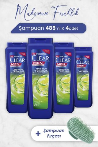 Clear Men Şampuan Maksimum Ferahlık 485 ml x 4 Adet ve Şampuan Fırçası
