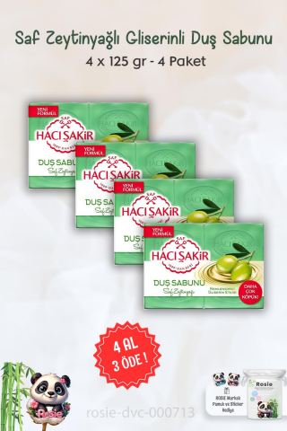 4 AL 3 ÖDE Hacı Şakir Saf Zeytinyağlı Gliserinli Duş Sabunu 4 x 125 gr ve ROSIE