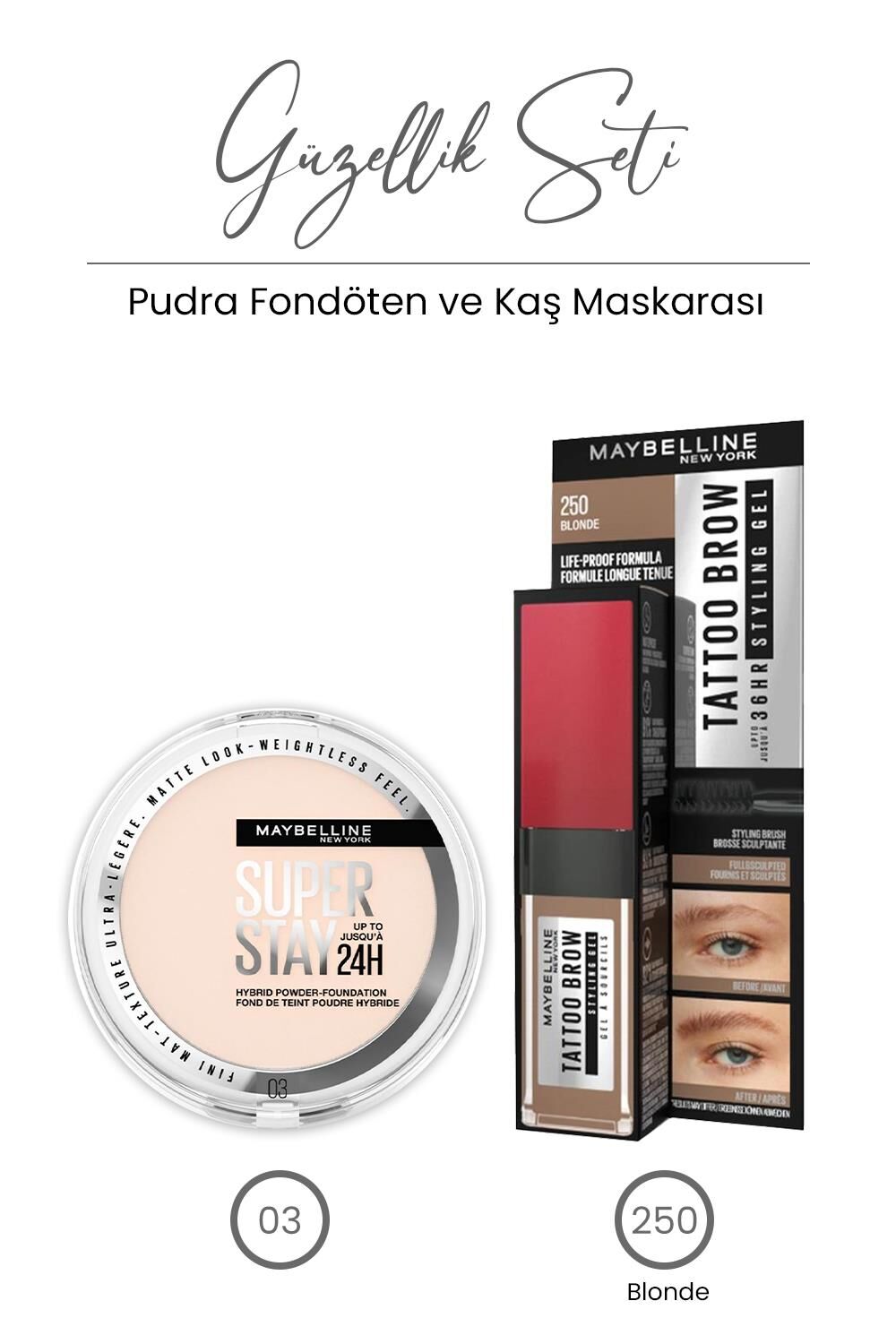 Maybelline New York Superstay Hibrit Pudra-Fondöten 03 ve Tattoo Brow 36H Maskarası 250