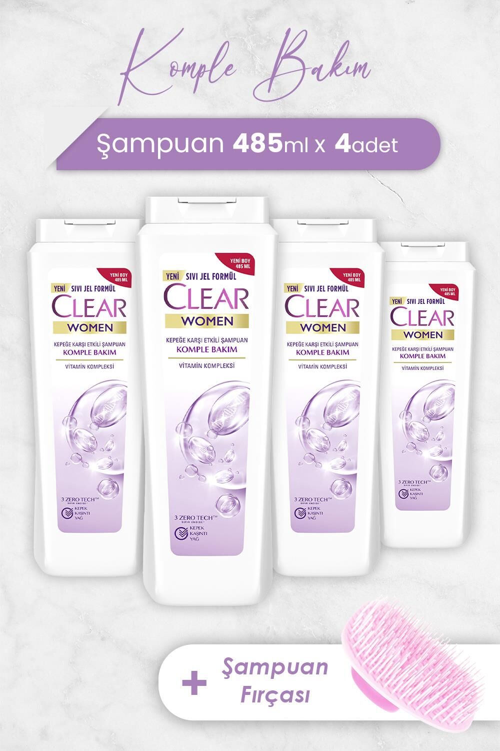 Clear Women Komple Bakım Şampuan 485 ml x 4 Adet ve Şampuan Fırçası