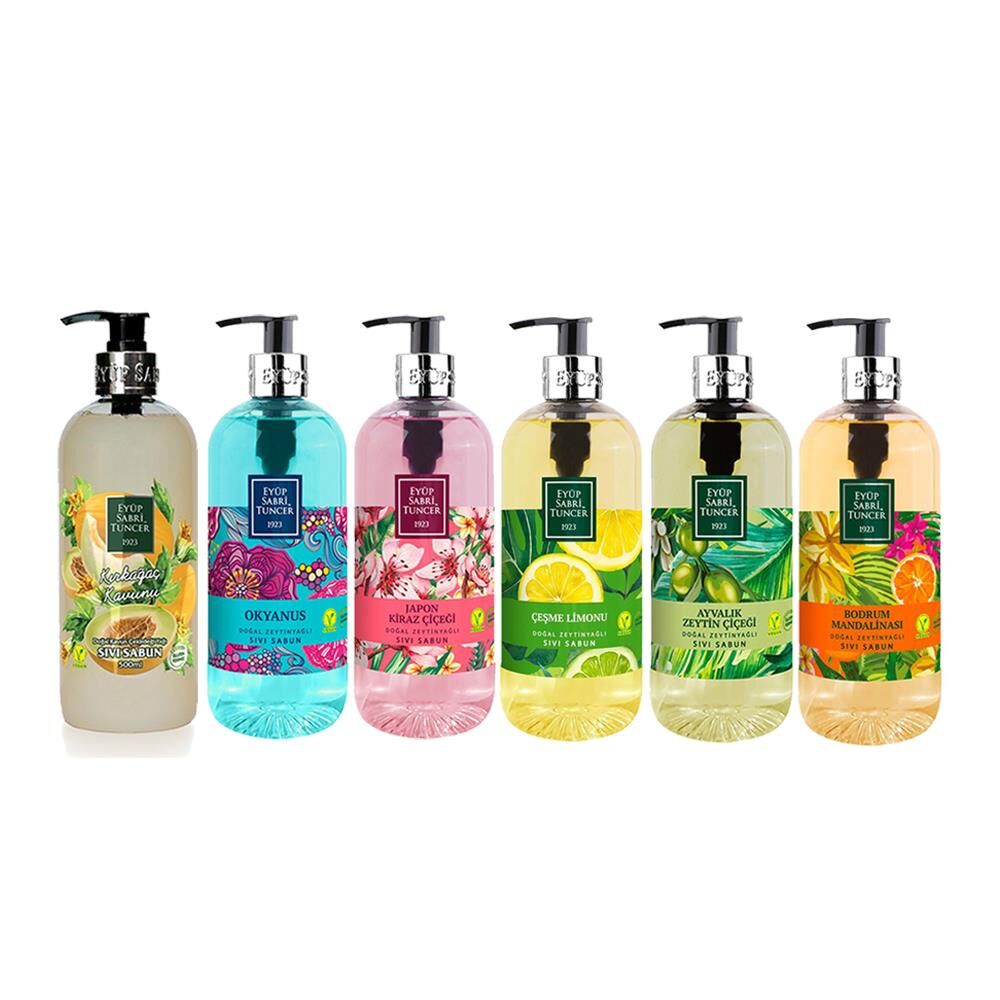 Eyüp Sabri Tuncer Sıvı Sabun Seti Ayvalık Zeytin Çiçeği, Çeşme Limonu, Japon Kiraz Çiçeği, Okyanus, Bodrum Mandalinası, Kırkağaç Kavunu 500 ML