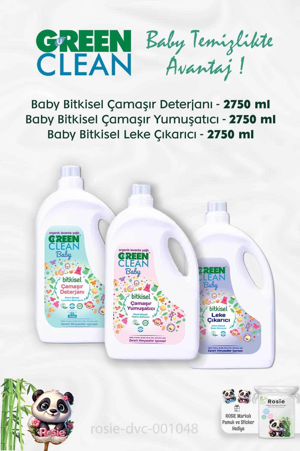 Green Clean Baby  Çamaşır Deterjanı 2.75 kg, Çamaşır Yumuşatıcısı 2.75 kg, Leke Çıkarıcı 2.75 kg ve ROSIE