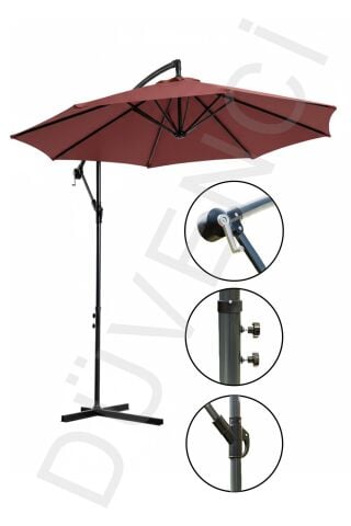 Bordo, Makaralı Bahçe Şemsiyesi 300cm, 8 telli