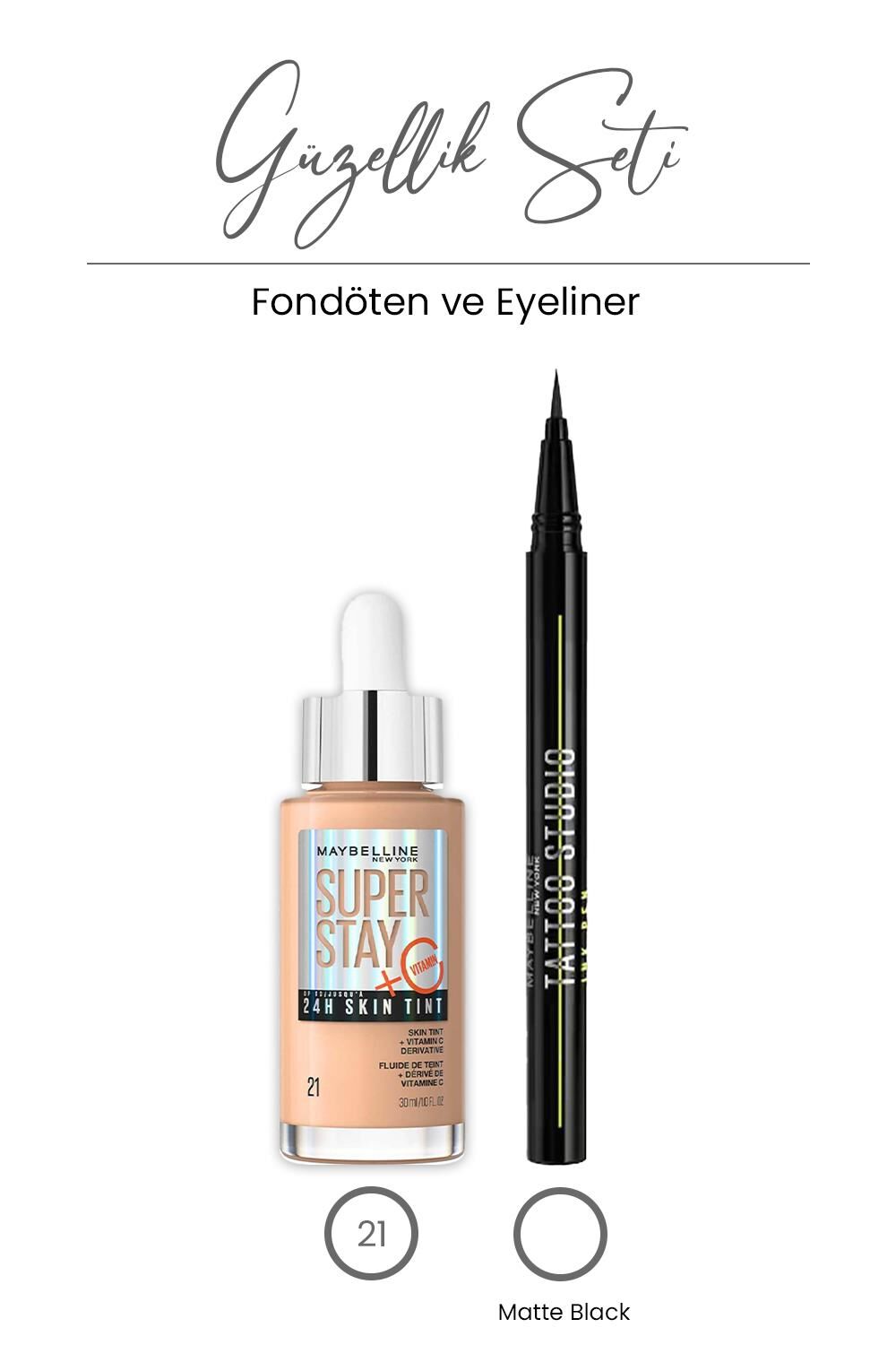 Maybelline Super Stay 24H Skin Tint Fondöten 30 ml - 21 ve Tattoo Liner Eyeliner - Matte Black