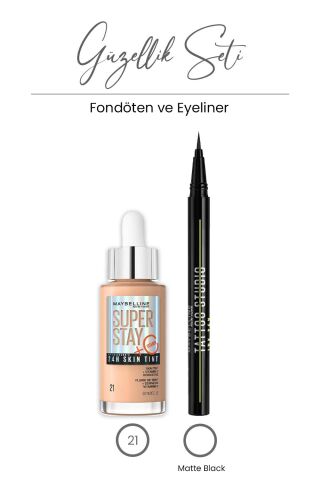 Maybelline Super Stay 24H Skin Tint Fondöten 30 ml - 21 ve Tattoo Liner Eyeliner - Matte Black