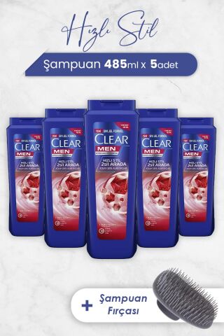 Clear Hızlı Stil 2'si 1 Arada Şampuan 485 ml x 5 Adet ve Şampuan Fırçası