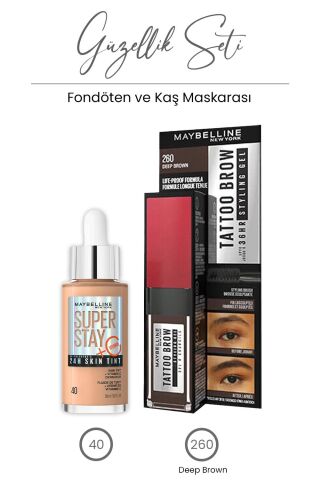 Maybelline Super Stay 24H Skin Tint Fondöten 30 ml - 40 ve Tattoo Brow 36H Kaş Maskarası 260