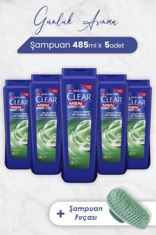 Clear Men Şampuan Günlük Arınma ve Ferahlık 485 ml x 5 Adet ve Şampuan Fırçası