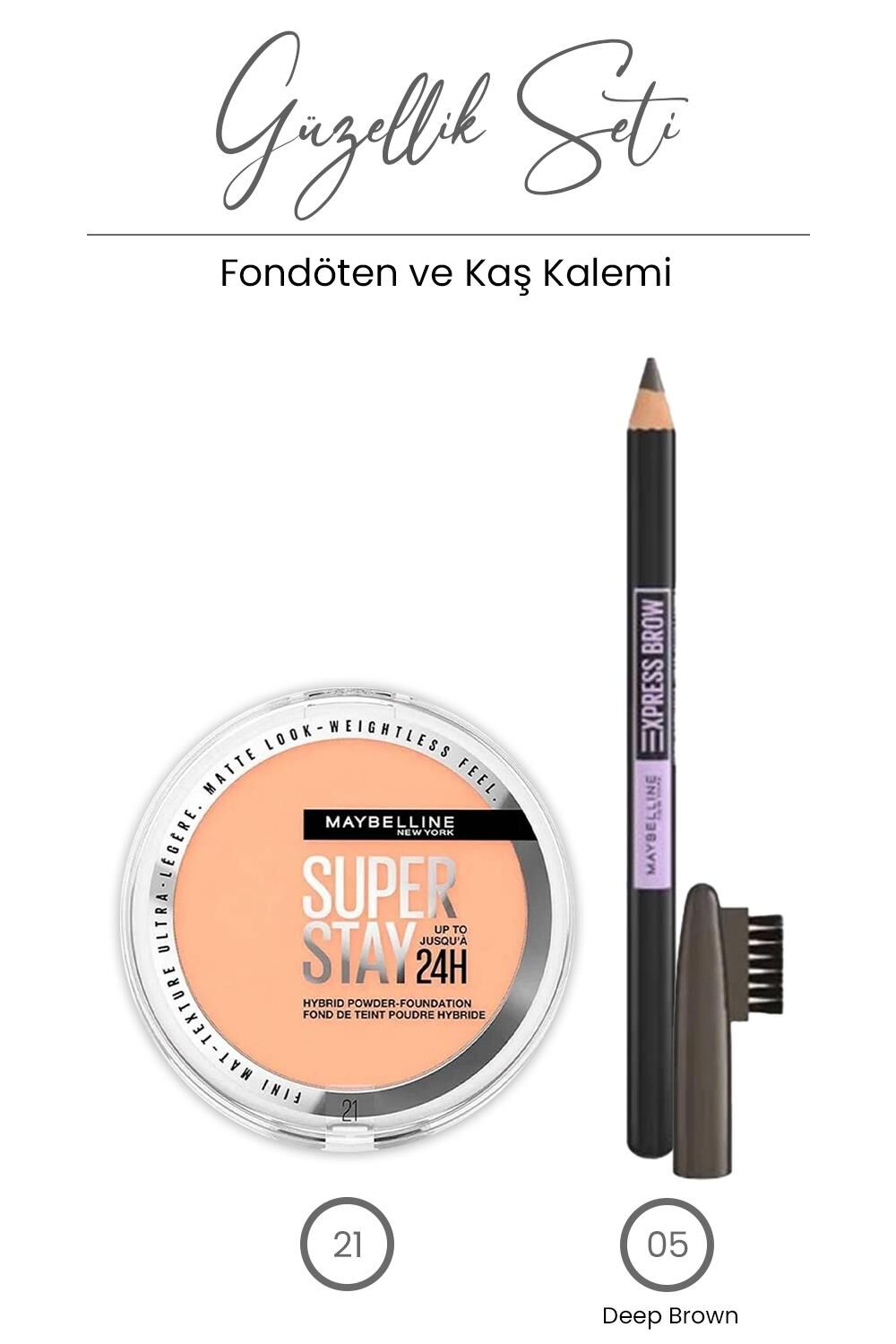 Maybelline New York Superstay Hibrit Pudra-Fondöten 21 ve Express Brow Kaş Kalemi - 05 Deep Brown