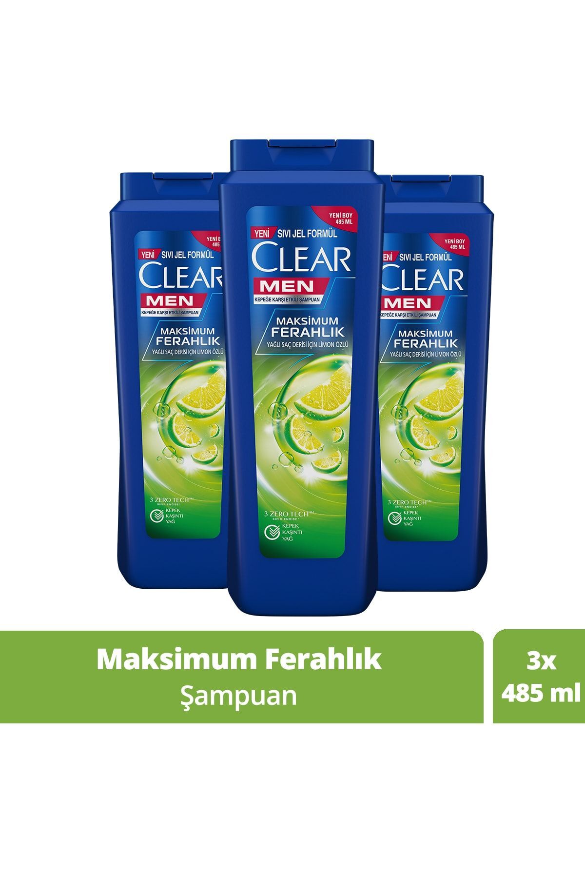 Clear Men Kepeğe Karşı Etkili Şampuan Maksimum Ferahlık Limon Özlü 485 ML x 3