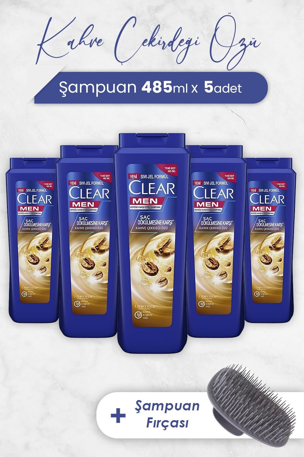 Clear Men Şampuan Saç Dökülmesine Karşı 485 ml x 5 Adet ve Şampuan Fırçası