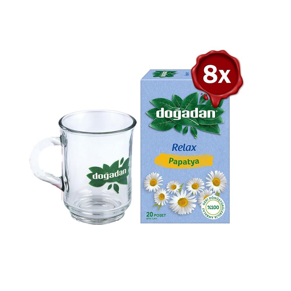 Doğadan Papatya Bitki Çayı 20' li x 8 ve Doğadan Cam Bardak Hediyeli