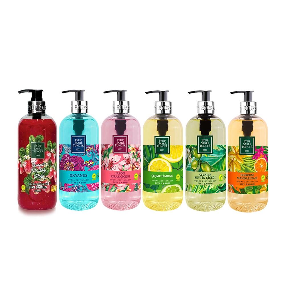 Eyüp Sabri Tuncer Sıvı Sabun Seti Ayvalık Zeytin Çiçeği, Çeşme Limonu, Japon Kiraz Çiçeği, Okyanus, Bodrum Mandalinası, Uludağ Çileği 500 ML
