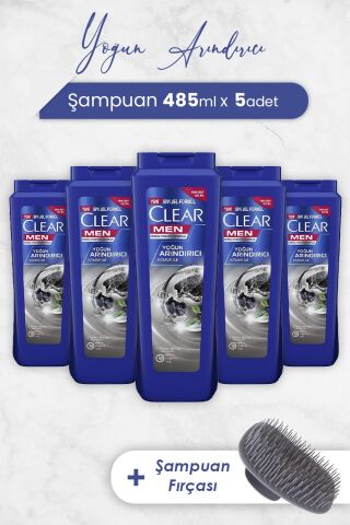 Clear Men Şampuan Yoğun Arındırıcı 485 ML x 5 Adet ve Şampuan Fırçası