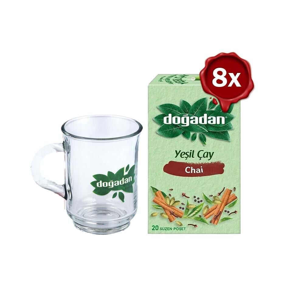 Doğadan Yeşil Çay Chai Poşet Bardak Çay x 8 ve Doğadan Cam Bardak Hediyeli
