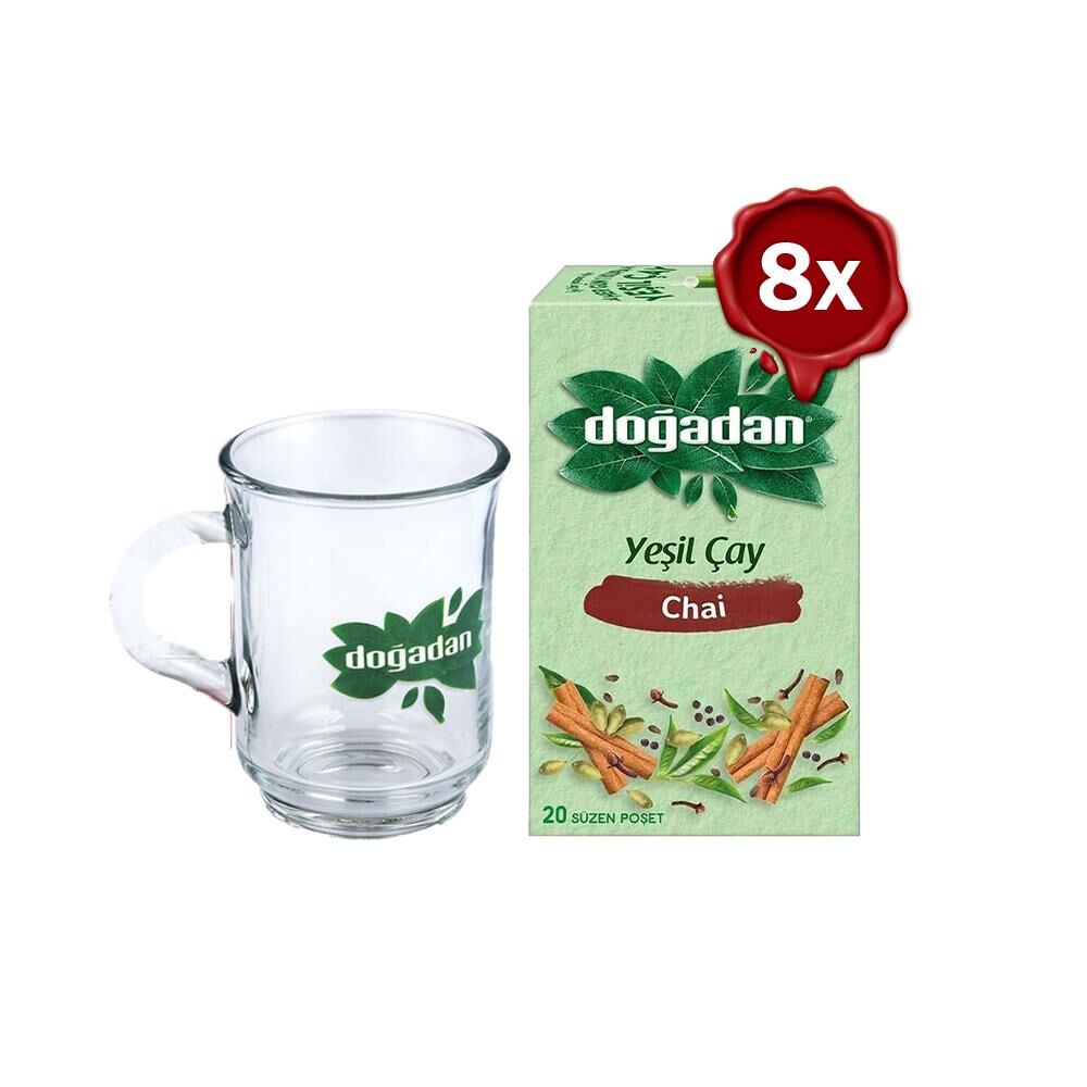 Doğadan Yeşil Çay Chai Poşet Bardak Çay x 8 ve Doğadan Cam Bardak Hediyeli