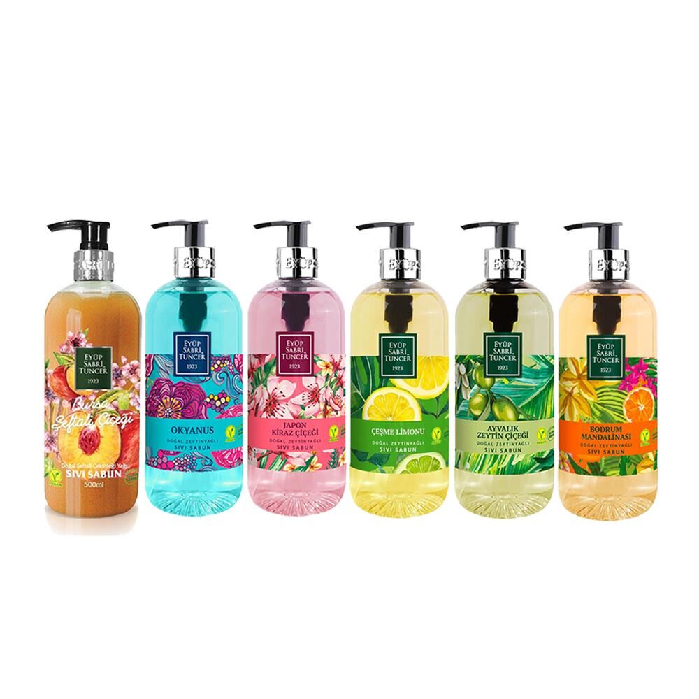 Eyüp Sabri Tuncer Sıvı Sabun Seti Ayvalık Zeytin Çiçeği, Çeşme Limonu, Japon Kiraz Çiçeği, Okyanus, Bodrum Mandalinası, Bursa Şeftali Çiçeği 500 ML
