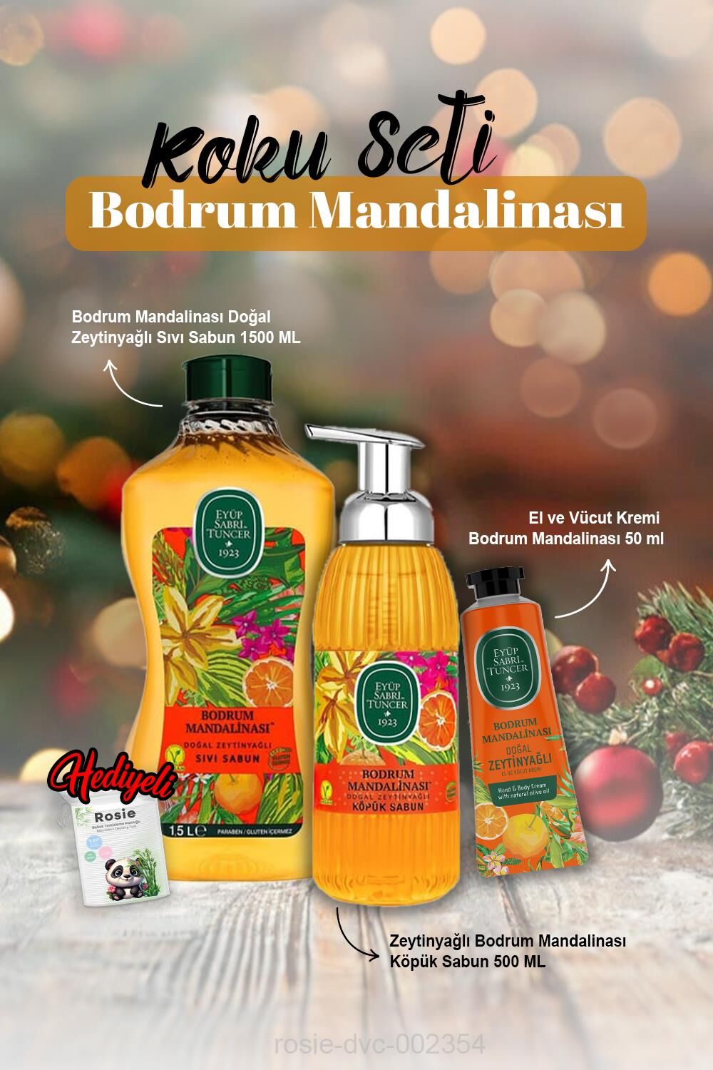 Krem 50 ml, Sıvı Sabun 1500ml, Köpük Sabun 500 ml Bodrum Mandalina ve Rosie Hediye