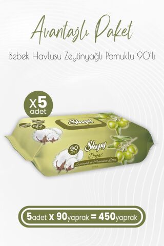 Sleepy Zeytinyağlı ve Pamuklu Islak Bebek Havlusu 90 Yaprak x 5 (450 Yaprak)