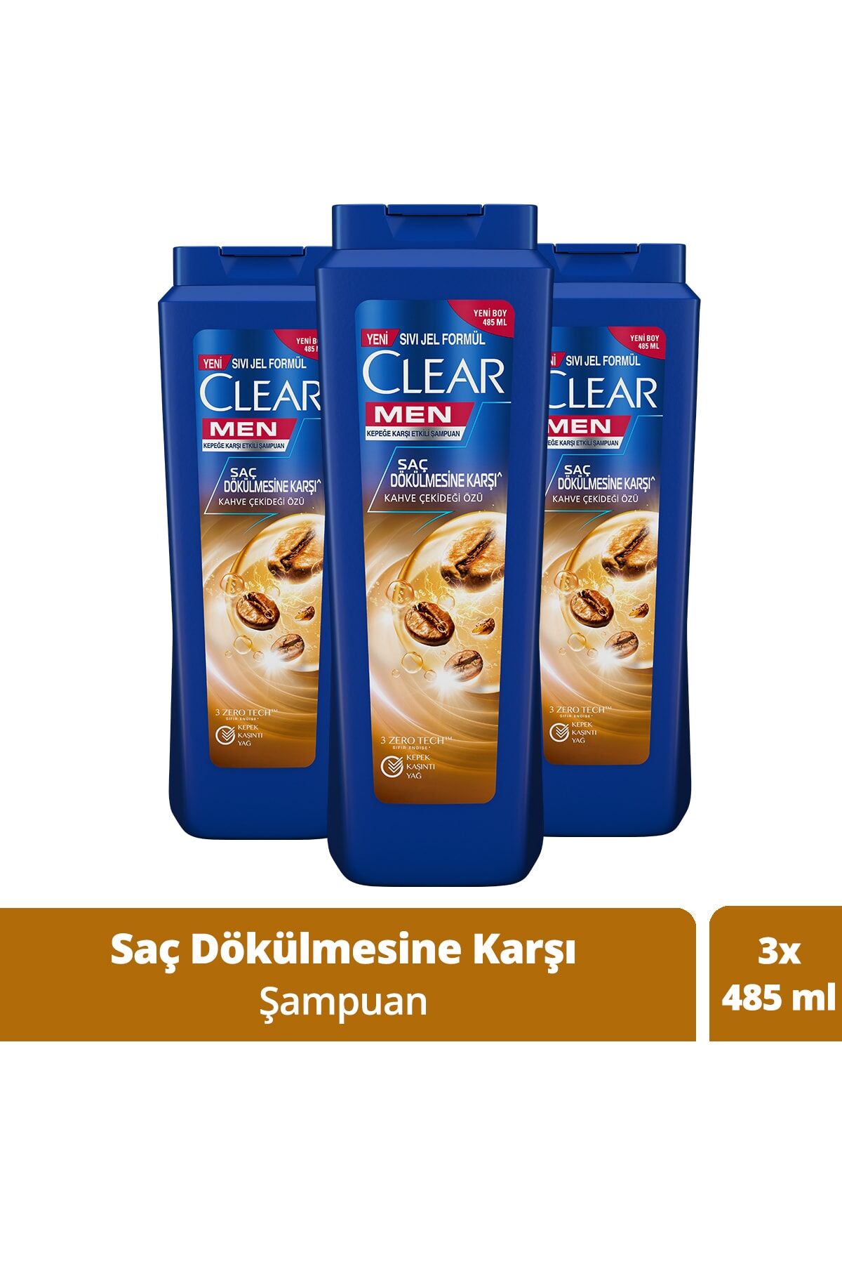 Clear Men Kepeğe Karşı Etkili Şampuan Saç Dökülmesine Karşı Kahve Çekirdeği Özü 485 ml x 3