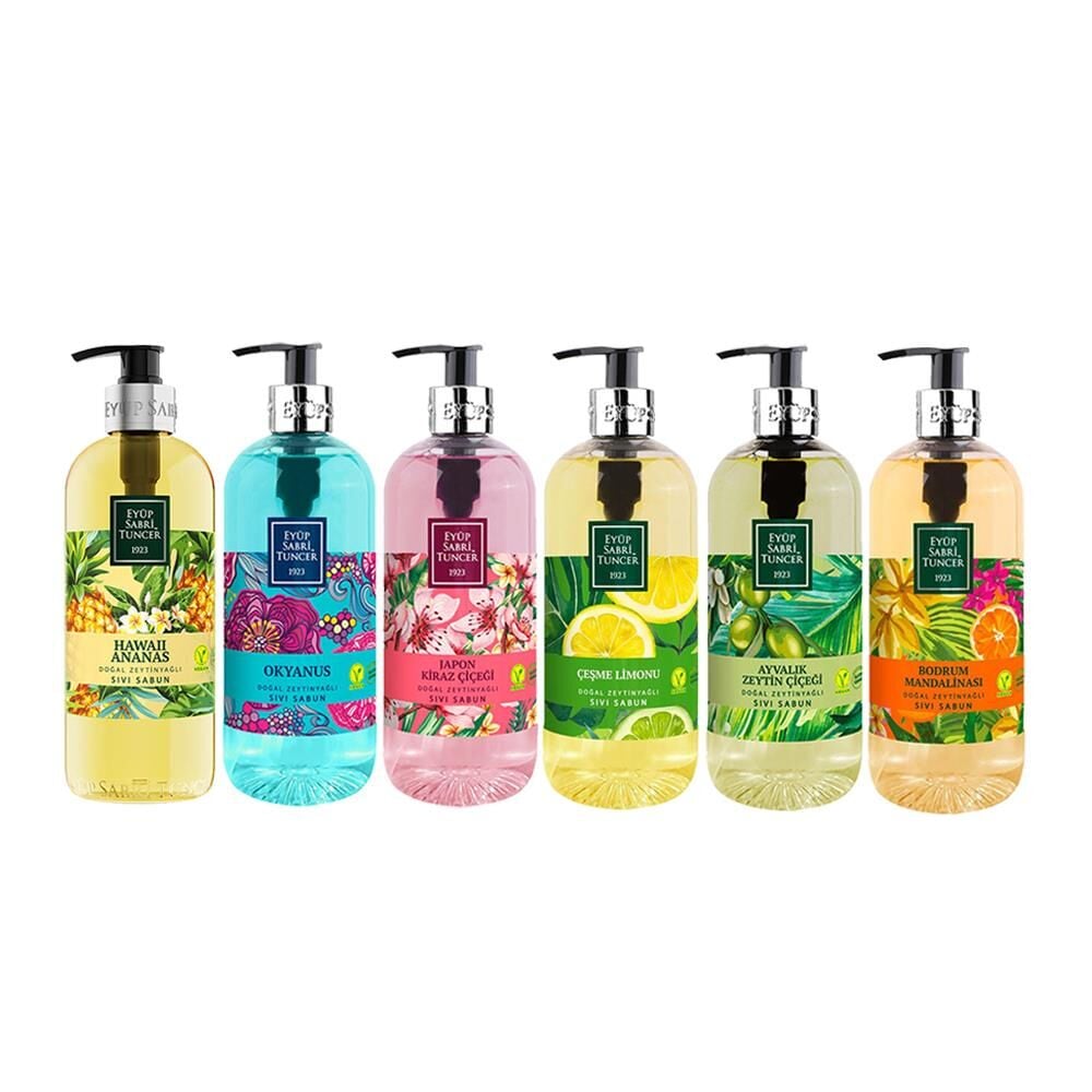 Eyüp Sabri Tuncer Sıvı Sabun Seti Ayvalık Zeytin Çiçeği, Çeşme Limonu, Japon Kiraz Çiçeği, Okyanus, Bodrum Mandalinası, Hawaii Ananas 500 ML