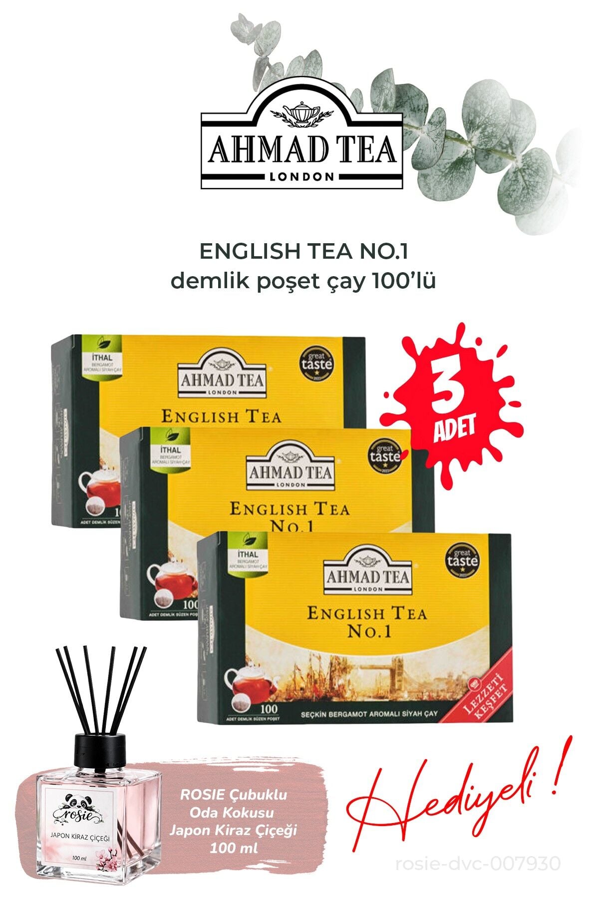 3'lü English Tea No.1 Demlik Poşet Çay 100'lü ve Oda Kokusu
