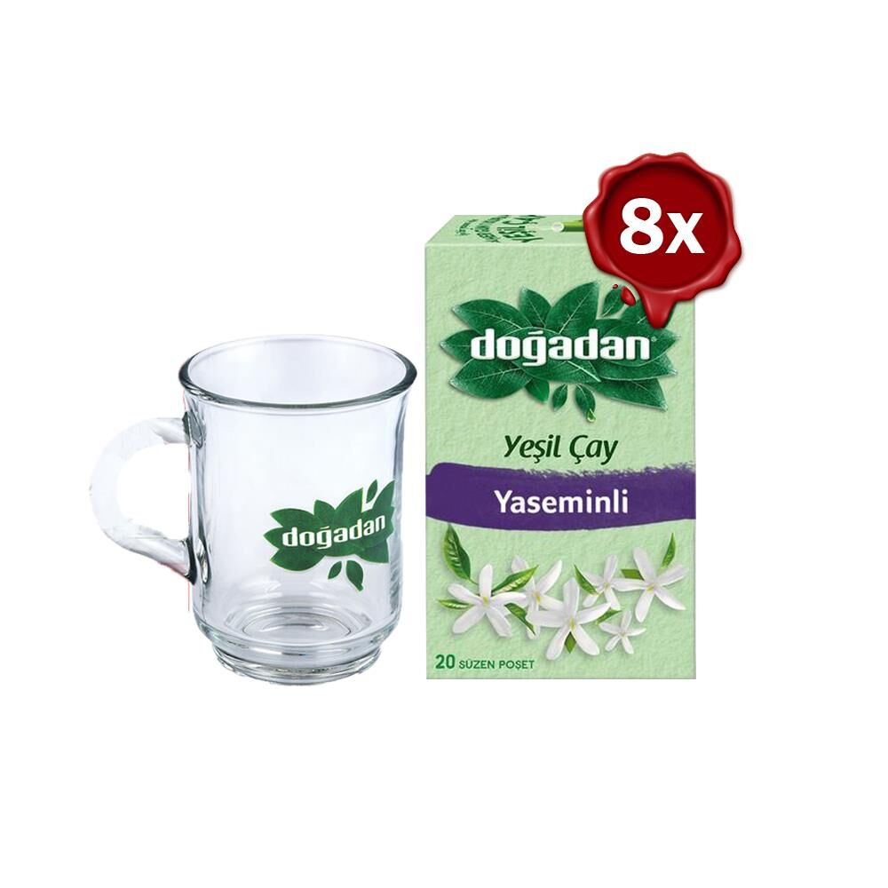 Doğadan Yeşil Çay Yaseminli 20'li Poşet x 8 ve Doğadan Cam Bardak Hediyeli