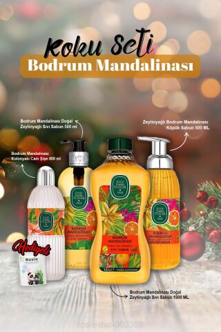 Sıvı Sabun 500 ml ve 1500 ml, Kolonya 400 ml, Köpük Sabun 500 ml Bodrum Mandalina ve Rosie Hediye