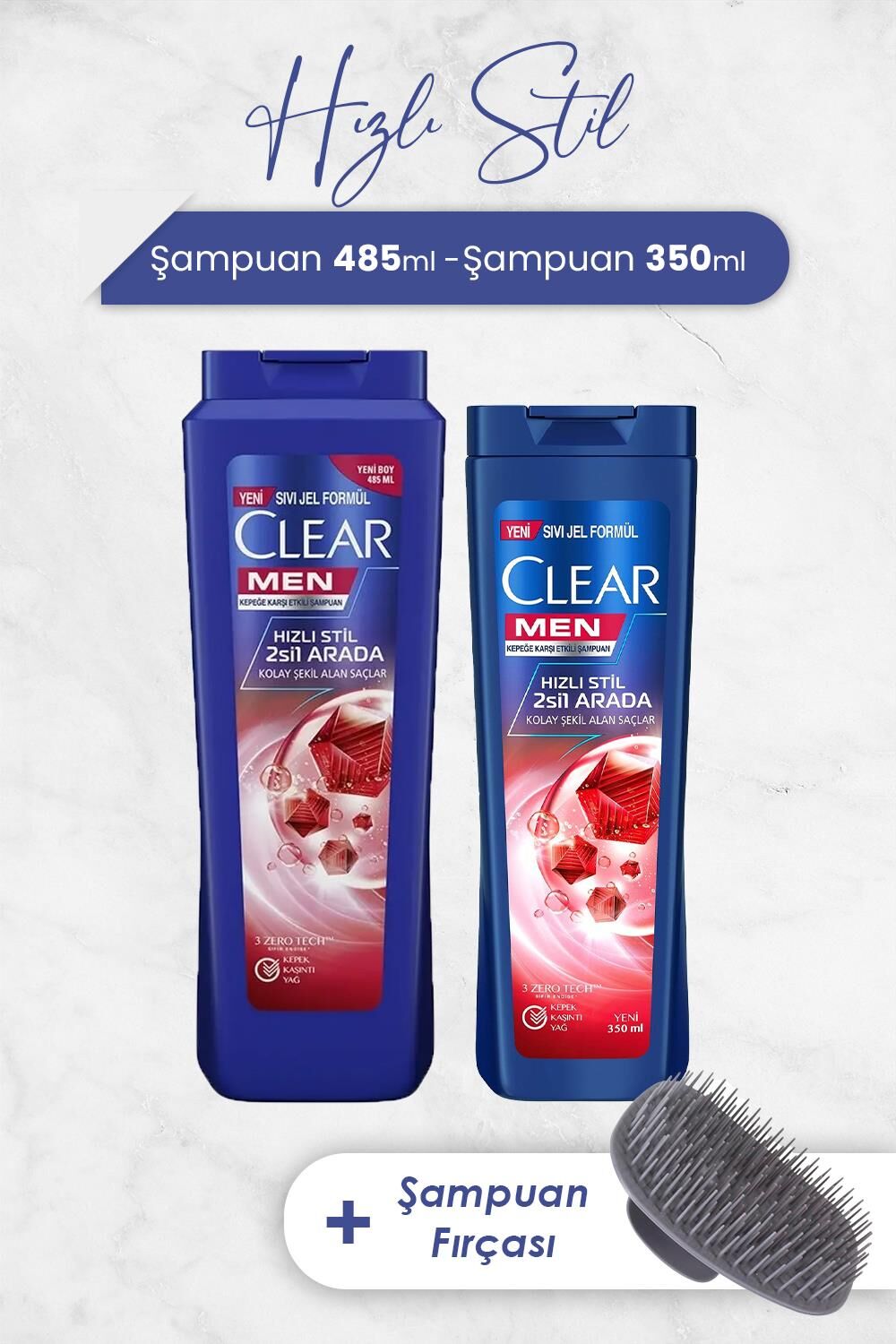 Clear Hızlı Stil 2'si 1 Arada Şampuan 485 ml, 350 ml ve Şampuan Fırçası
