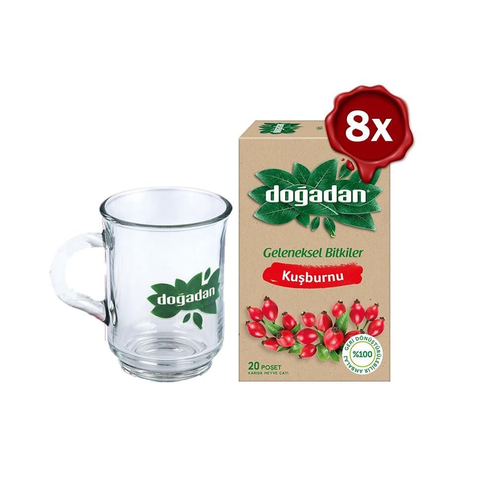 Doğadan Kuşburnu Çayı 20'li x 8 ve Doğadan Cam Bardak Hediyeli