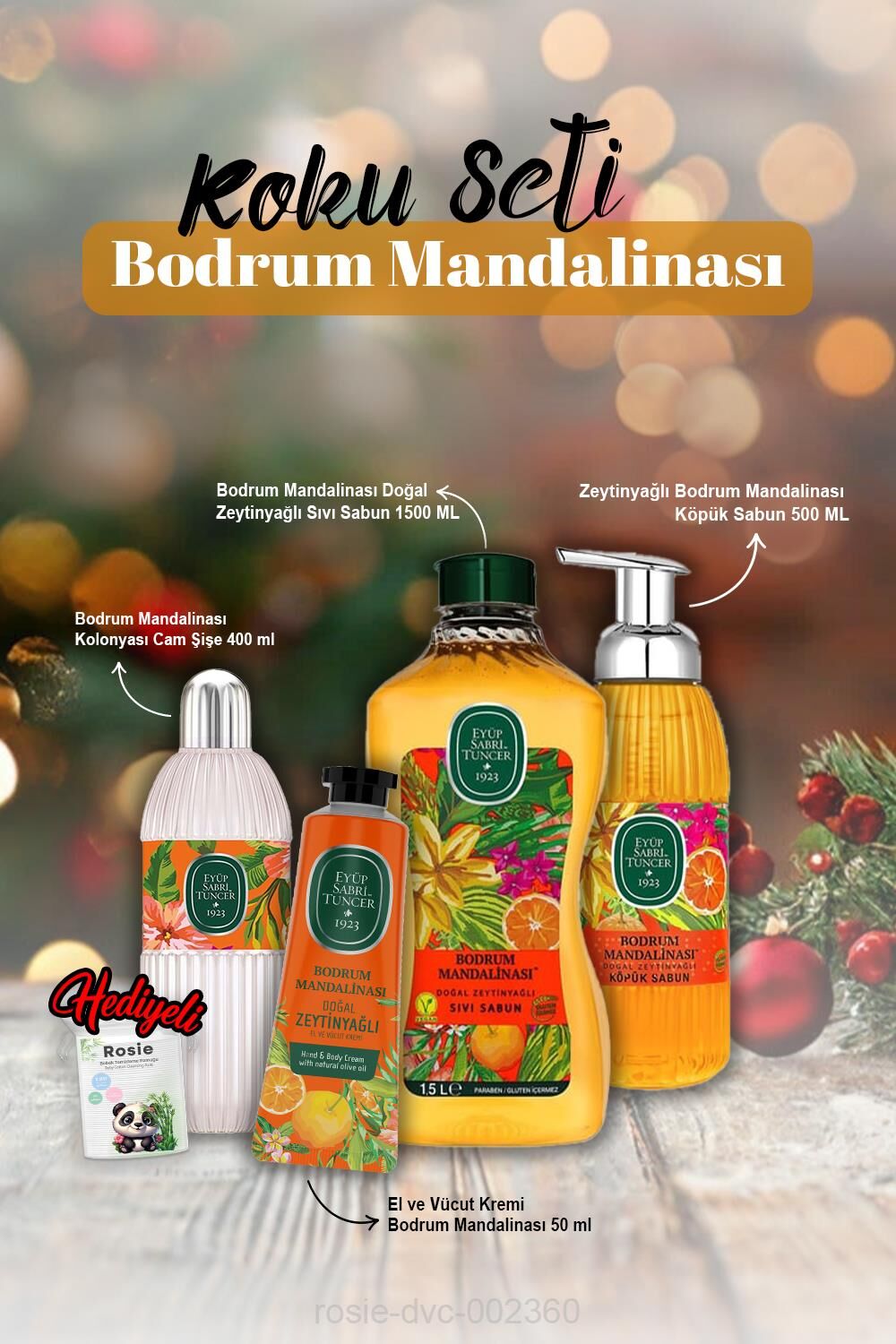 Bodrum Mandalina Kolonya 400 ml, Sabun 500 ml ve 1500 ml, Krem 50 ml ve Rosie Hediye