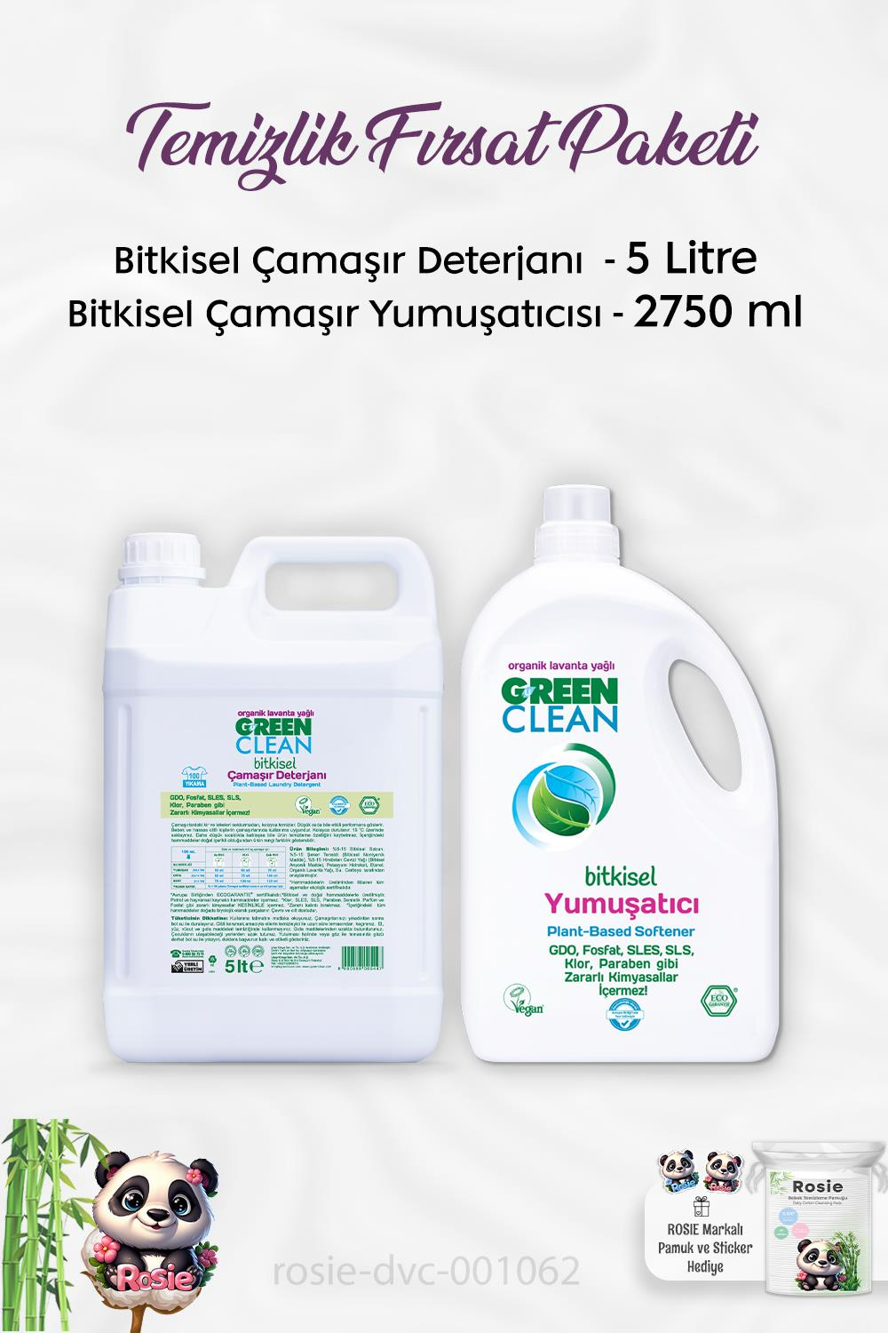Green Clean Bitkisel Çamaşır Yumuşatıcısı  2750 ml, Çamaşır Deterjanı 5 lt ve ROSIE