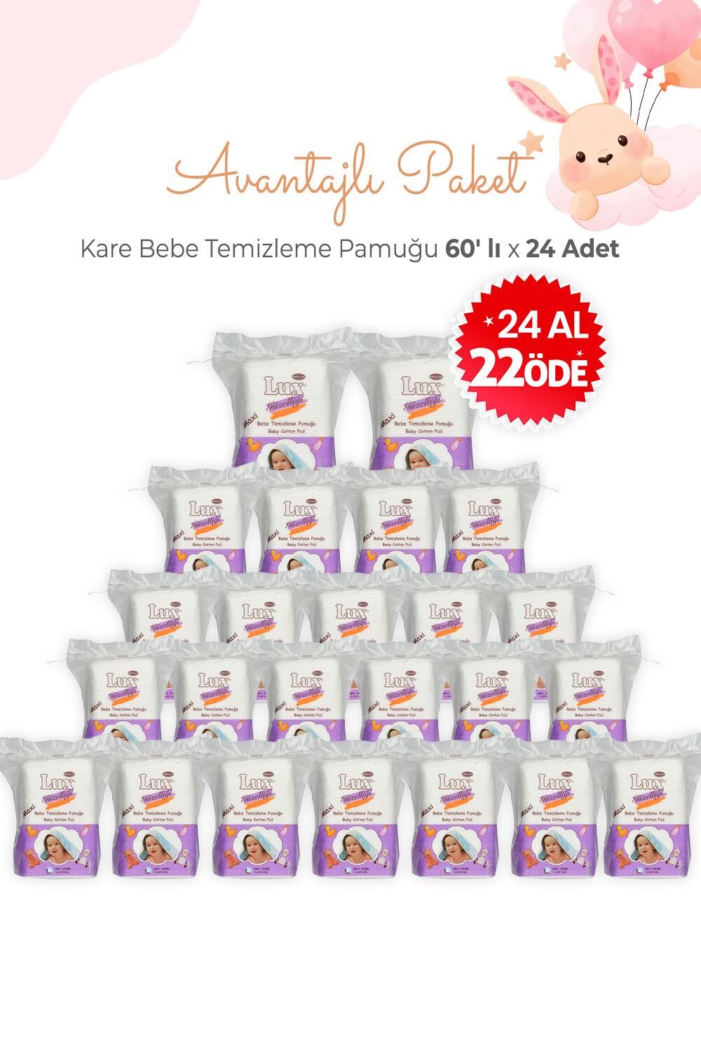 Lux 24 Al 22 Öde Kare Bebe Temizleme Pamuğu 60' lı