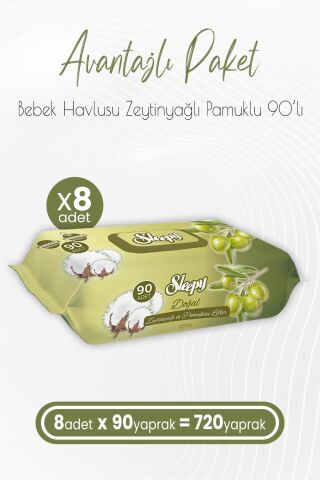 Sleepy Zeytinyağlı ve Pamuklu Islak Bebek Havlusu 90 Yaprak x 8 (720 Yaprak)