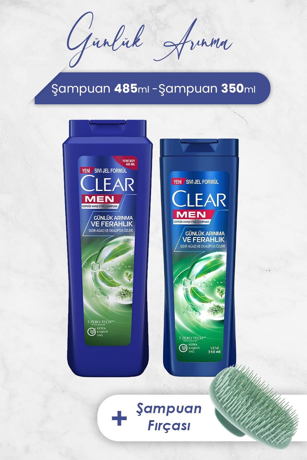 Clear Men Şampuan Günlük Arınma ve Ferahlık 485 ml, 350 ml ve Şampuan Fırçası